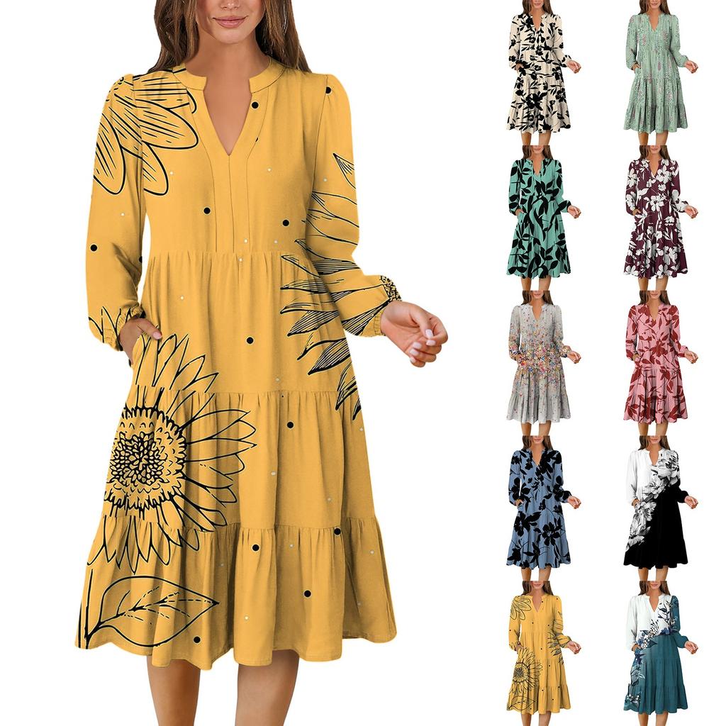 Women's V-Neck Flowing Layered Bohemian Long Sleeve Floral Print Dress