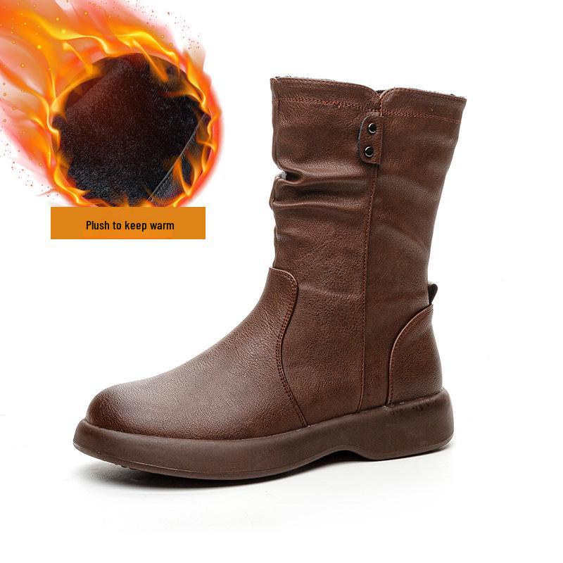 2024 Women's British Style Flat-Sole Velvet Mid-Length Martin Boots for Autumn and Winter