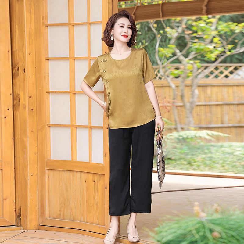 Summer 2025 Trendy Two-Piece Set for Middle-Aged Women - Stylish Short-Sleeved T-Shirt & Bottoms