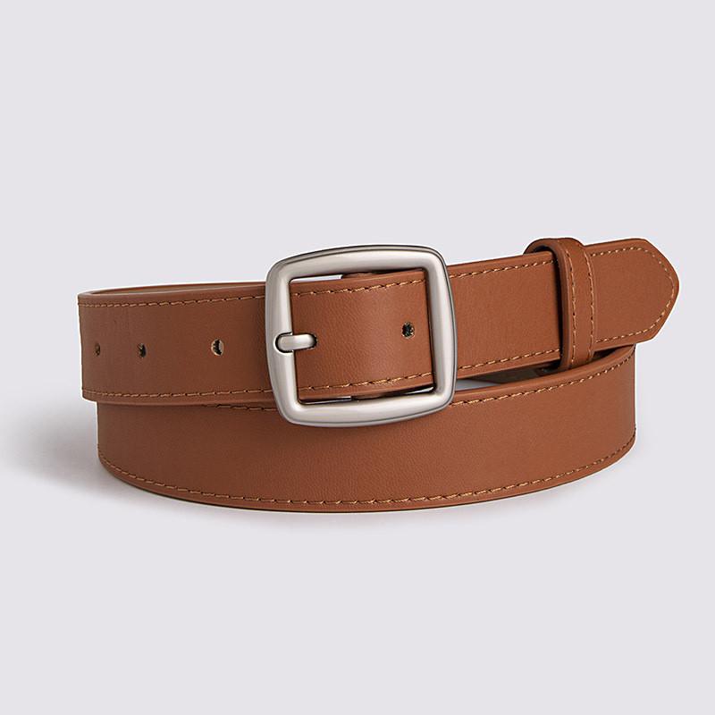 Color Solid Simple Womens Leather Look Belt With Geometric Design Buckle Metal