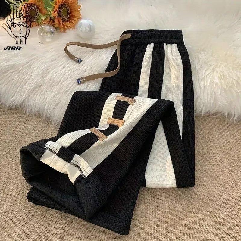 Korean-Style Trendy Color Block Striped Casual Sweatpants, Unisex Spring/Summer Waffle Drape Wide-Leg Design