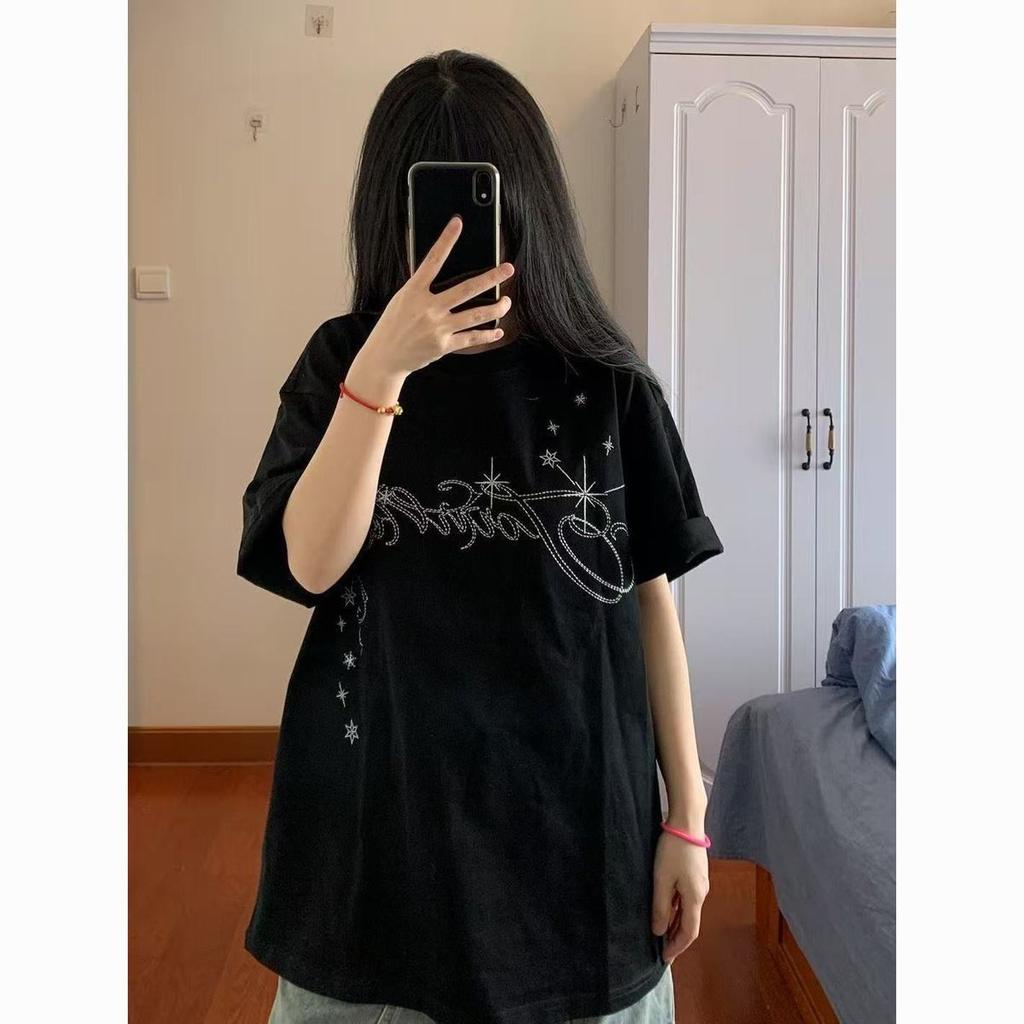 Y2K Aesthetic Oversized T-Shirt for Women Star Print Irregular Line Graphic Tees Casual Loose Short Sleeve Top