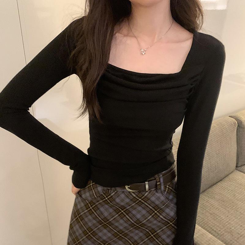 

Футболка с квадратным воротником, плиссированная, с длинными рукавами, базовая, облегающая, для женщин, осень и зима, новый стиль, внутренняя одежда, утягивающая, короткая, чистая похоть, топ XL