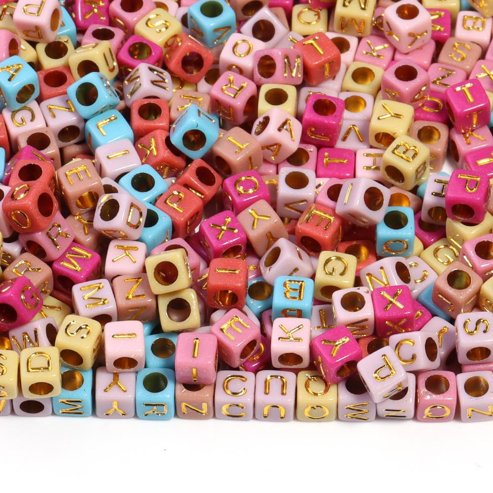 100pcs/lot 6mm Electroplated Acrylic Alphabet Beads Square Big Hole Loose Letter Beads For DIY Fashion Bracelet Necklace Jewelry