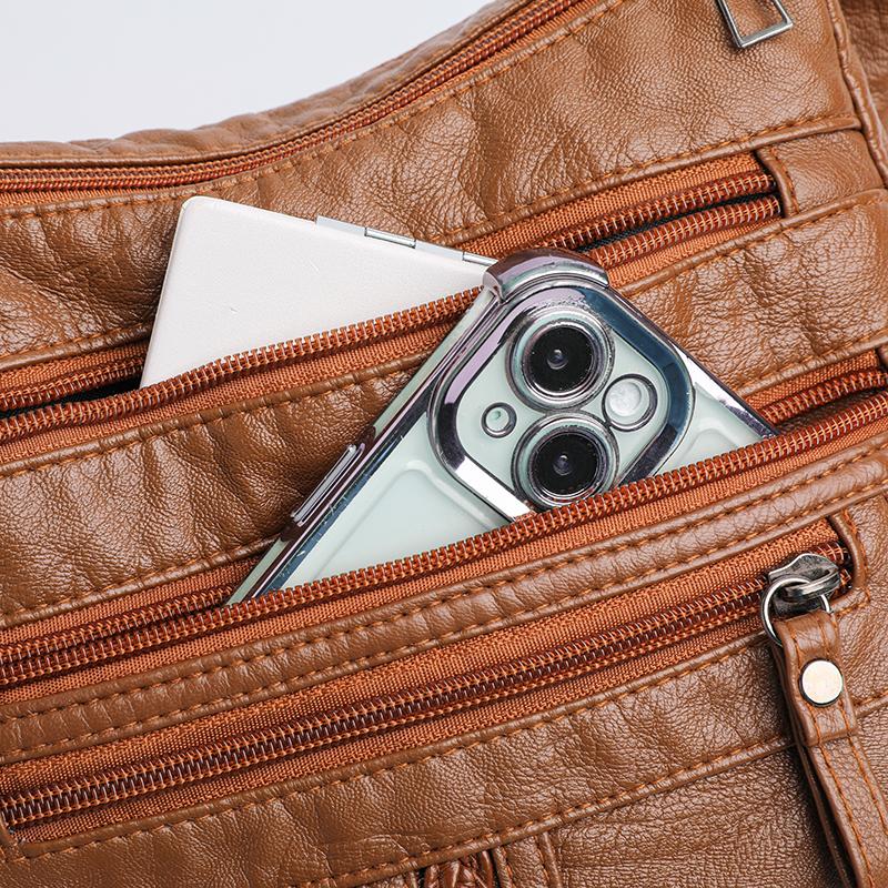 Multi-Pocket-Muttertasche mittleren Alters Große Kapazität Mehrschichtige Umhängetasche aus weichem Leder für Damen