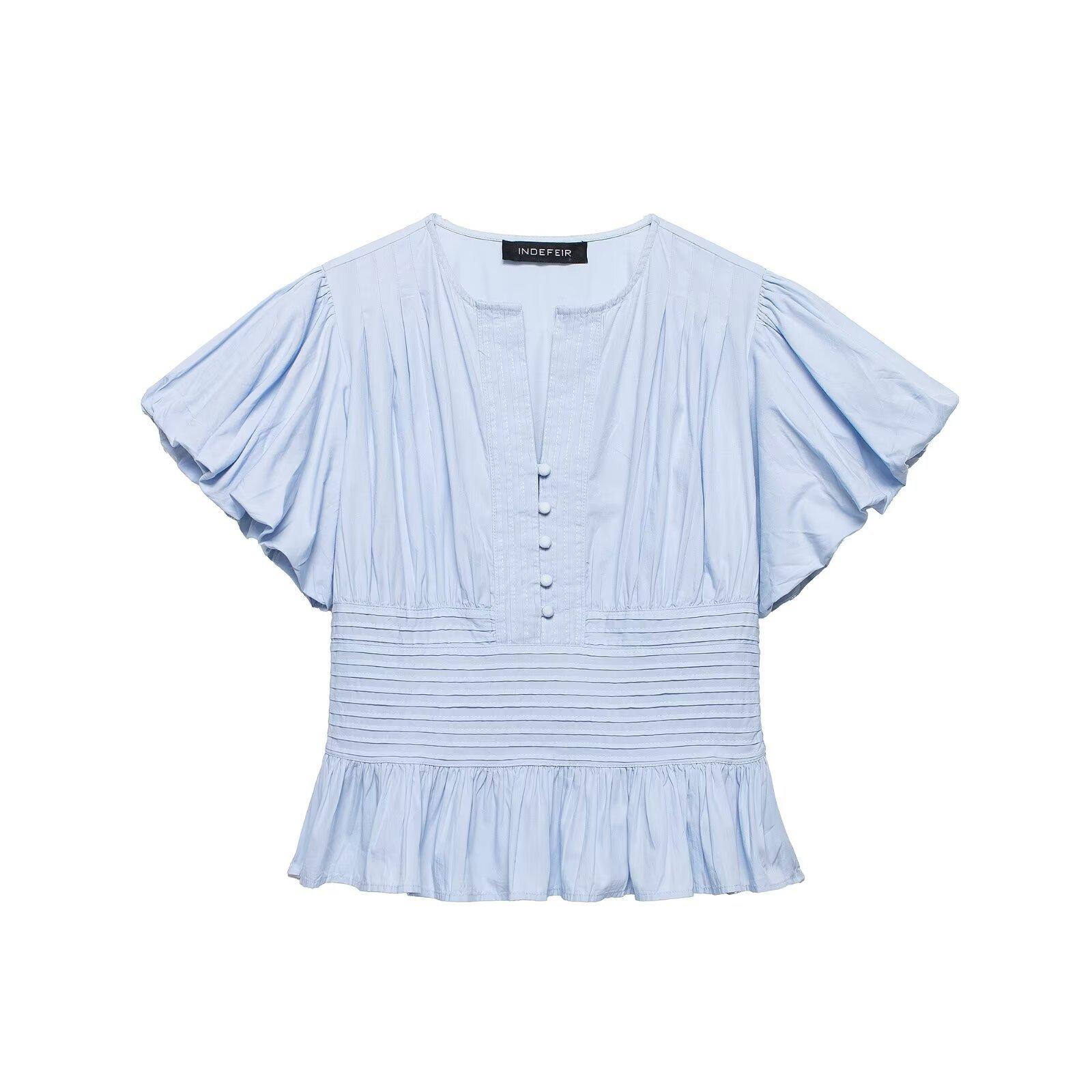 European and American style, new women s clothing, foreign style bubble sleeve frilly decorative shirt 5770/040/403 XS светло-синий