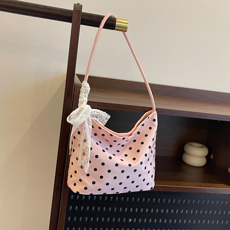 Polka Dot Nylon Shoulder Bag Cute Lace Bow Decor Casual Hobo Bag Lightweight Daily Purse Handbag Vertical Square Underarm Bag