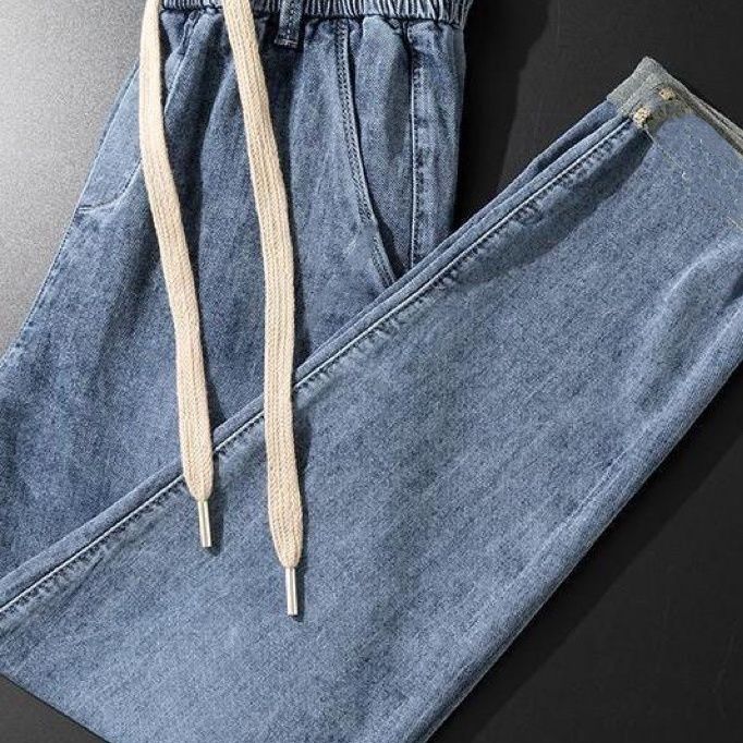Summer Thin Stretch Elastic Men's Jeans with Drawstring Loose Casual Pants Versatile