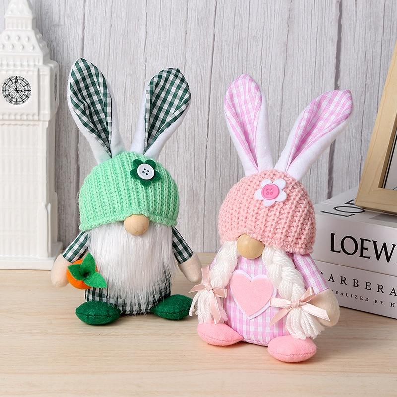 Chaoya Easter Fabric Faceless Bunny Couple Dolls Knitted Hat Decoration Figurines
