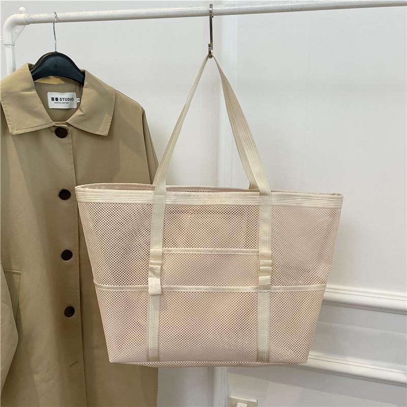Bolsa de playa de malla portátil para mujer, bolsa de almacenamiento de maquillaje para viajes, bolsa de baño de verano, organizador, bolsa de compras