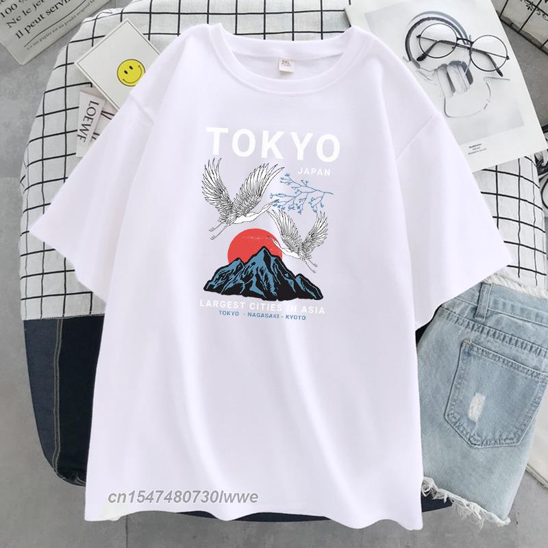 Tokyo Crane Japan Harajuku Print Unisexs Tshirt Hip Hop Loose Tshirts Crewneck Tshirt 100 Cotton Oversize Clothing Unisex