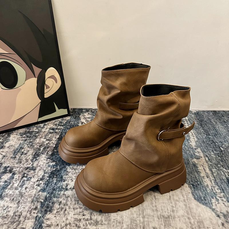 Thick-soled heightening Maillard British style Martin boots women's autumn new stacking boots tube boots short boots
