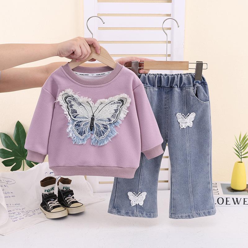 Girls Spring Autumn Tassel Bow Sweatshirt And Jeans Set Stylish Casual Sports Outfit Two Piece Suit