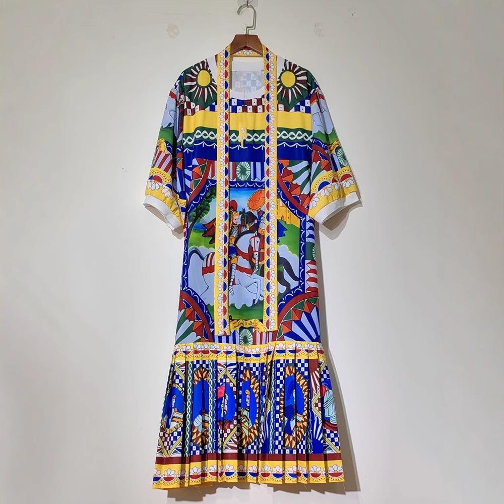 2025 Women's Retro Geometric Print Short Sleeve T-Shirt Dress with Loose Puffy Skirt