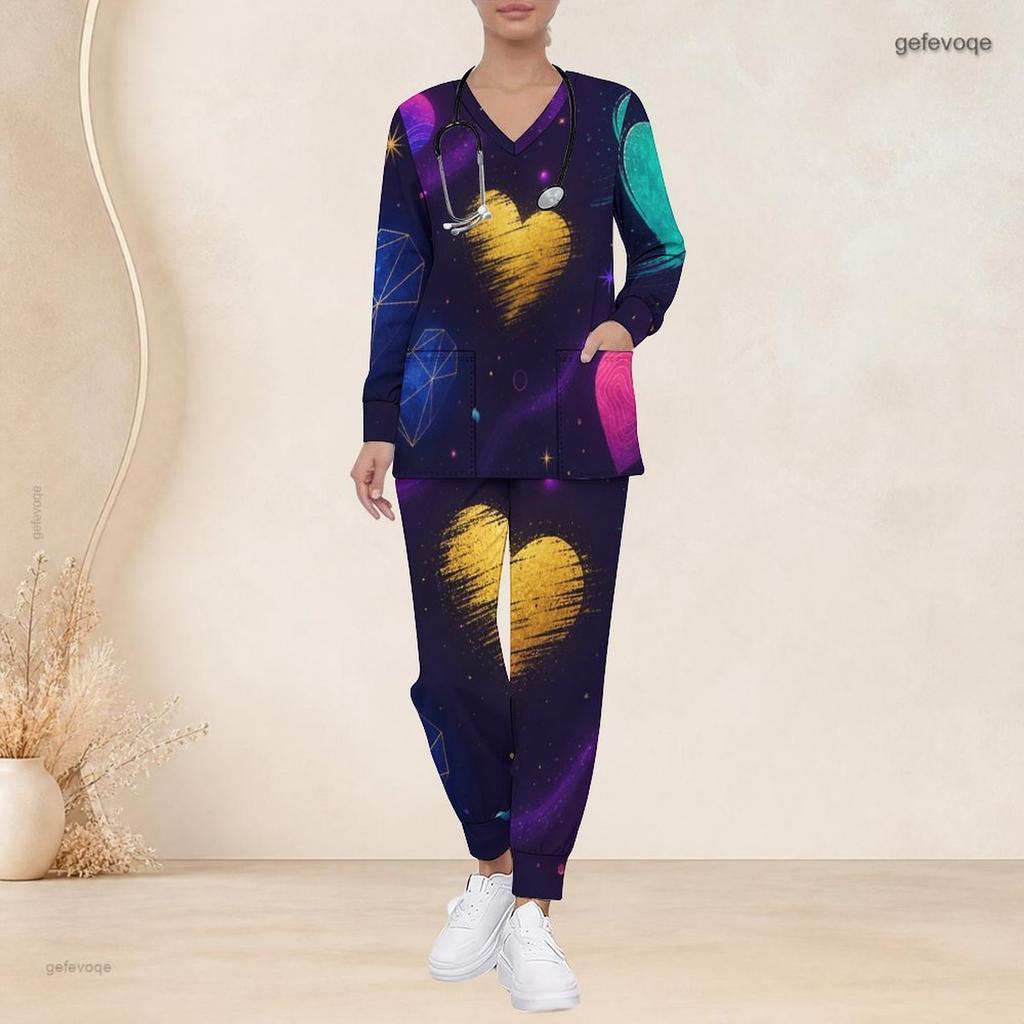 Women Plus Size V Neck Long Sleeve Scrub Set Cosmic Galaxy Golden Brushed Heart Print Nurse Uniform Set