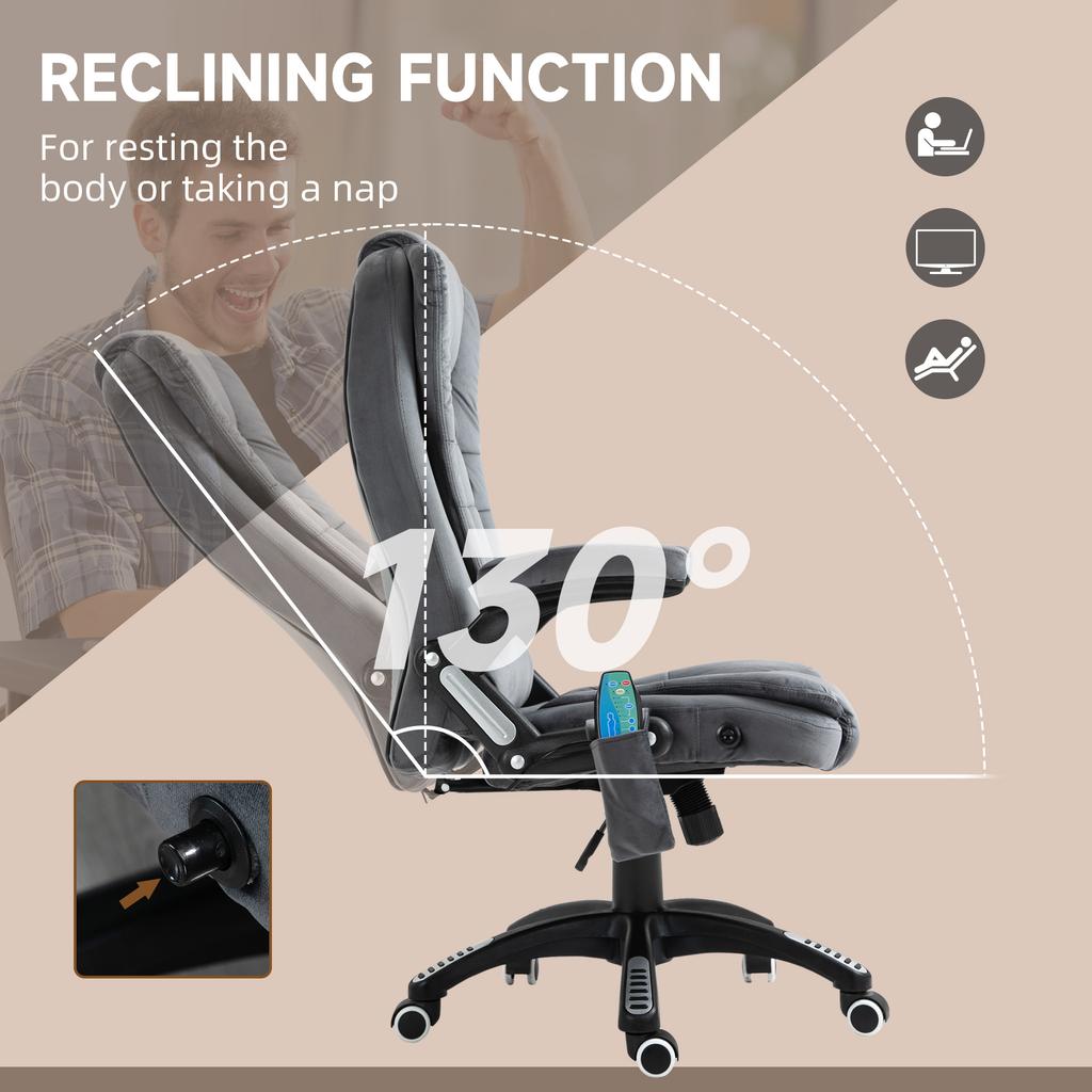 Massage Recliner Chair Heated Office Chair with Six Massage Points Velvet-Feel Fabric 360 degrees Swivel Wheels Grey