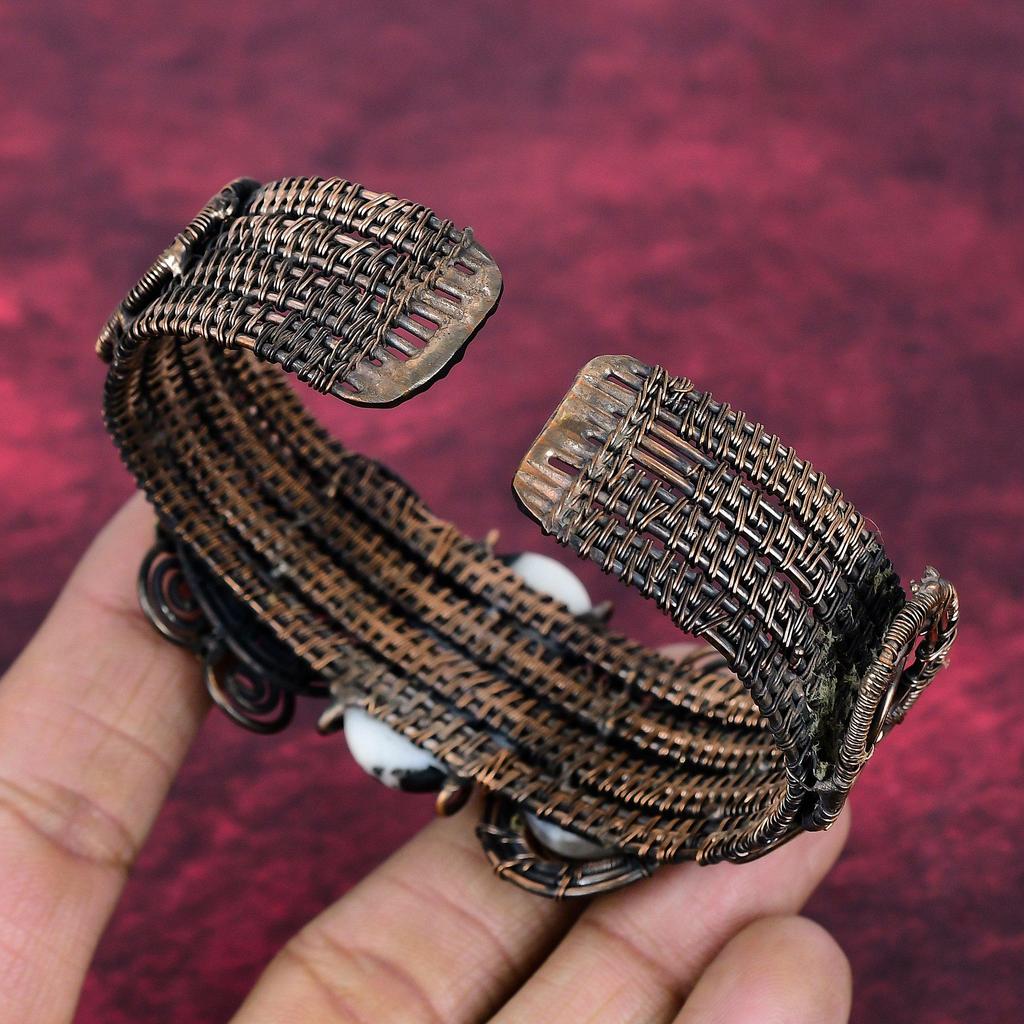 White Buffalo Turquoise & Moonstone Bangle Copper Wire Wrapped Adjustable Bangle