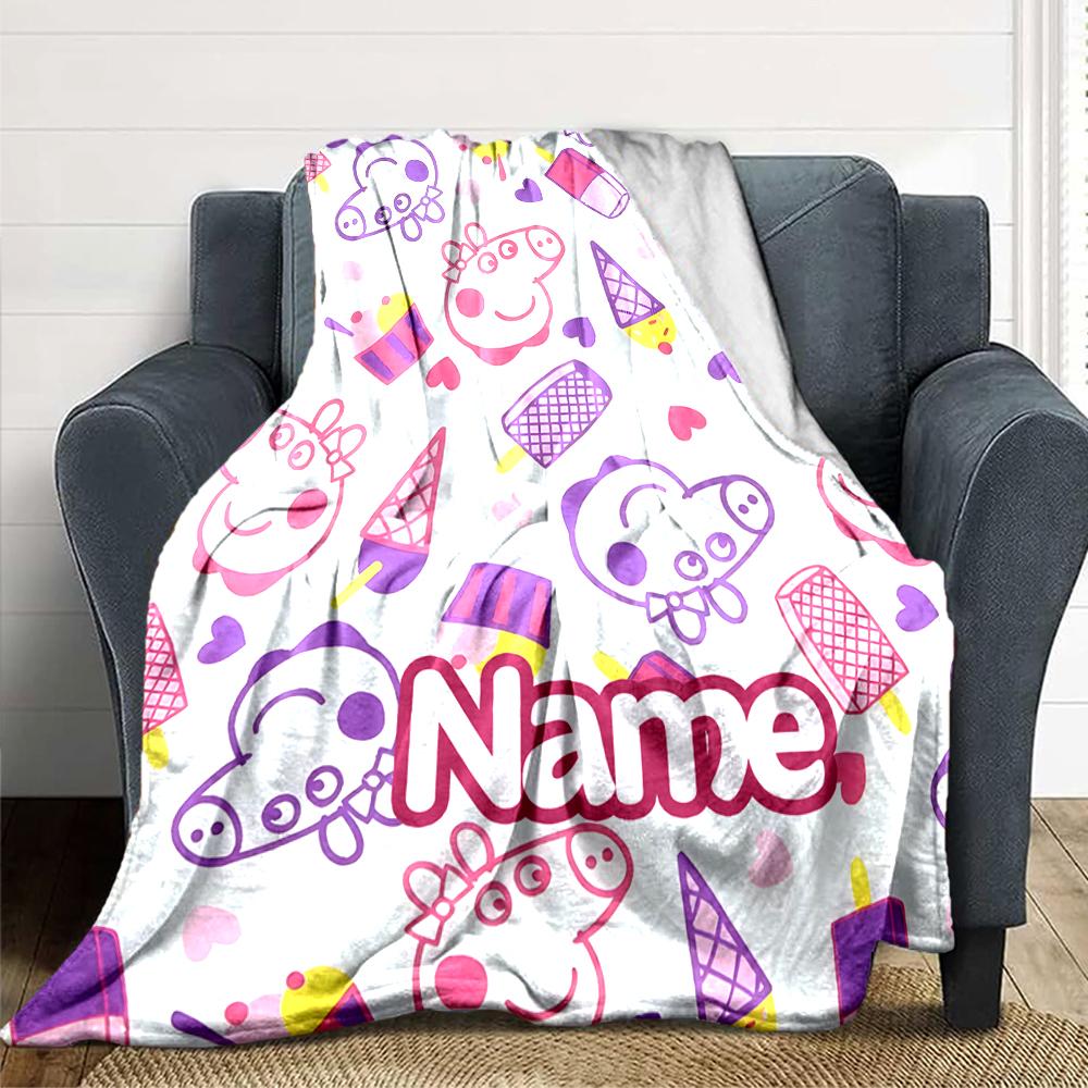Custom Name Peppa Pig Ice Cream Party Party Blanket For Couch Bed Plush Cozy Fuzzy Blanket Super Soft Warm Blankets For Fall And Winter 0916106