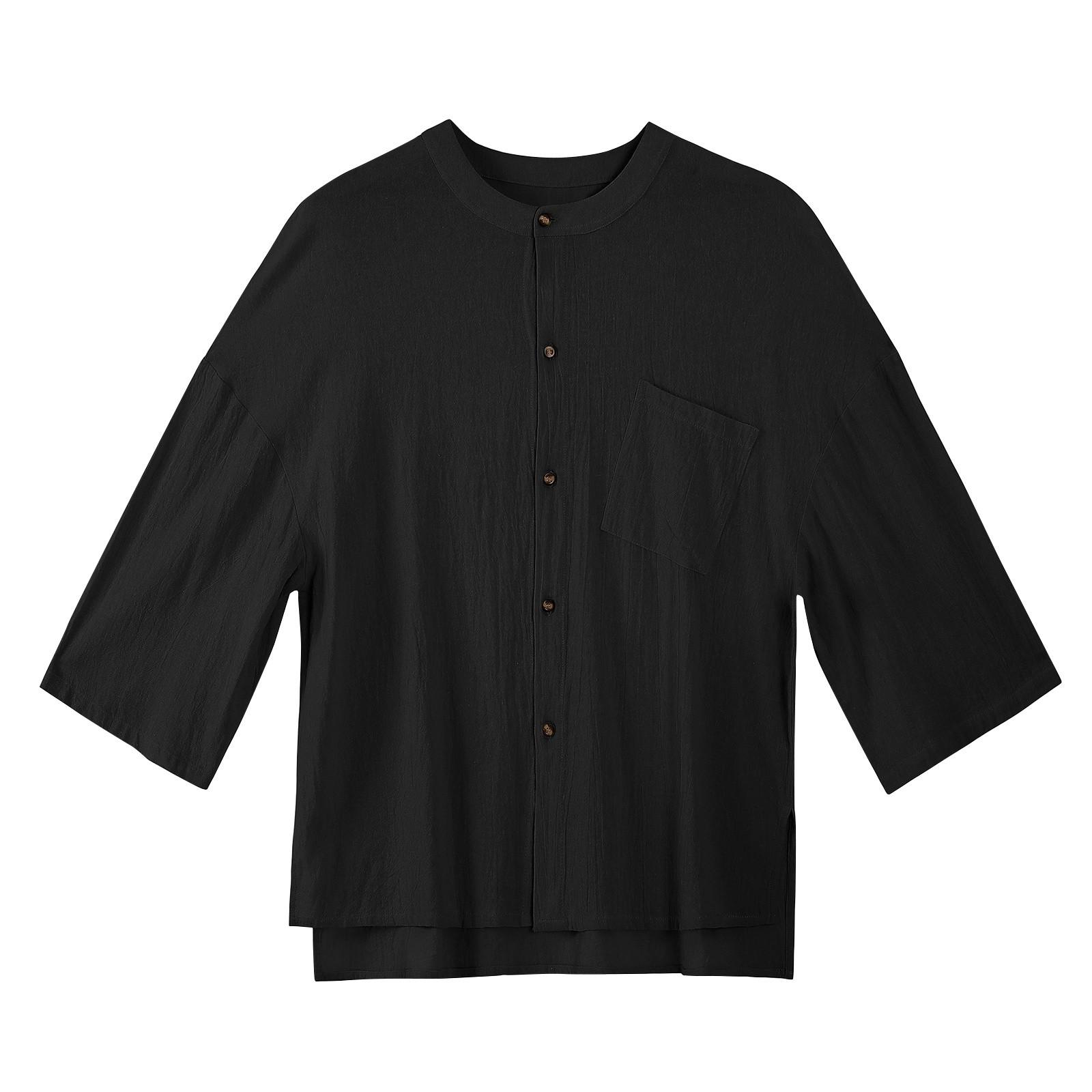 

Мужская однотонная рубашка без воротника с карманами из хлопка и льна на пуговицах три четверти L чёрный