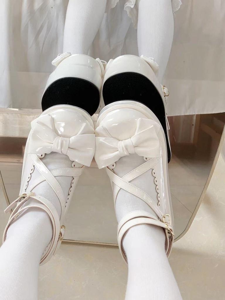Spot | Sweetheart Fudge | Original lolita platform cross strap cute round head flat bottom doll bow lo shoes