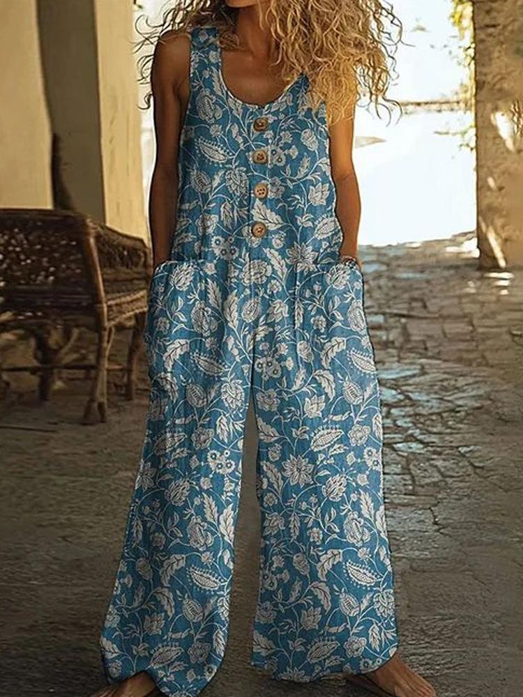 Damen Ärmelloser Jumpsuit mit Blumenmuster, Knopfleiste vorne und Seitentaschen