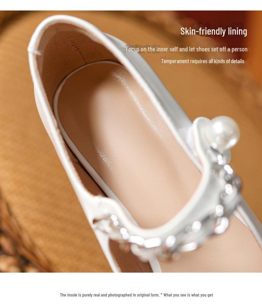 Inspired Mary Jane Thick-heeled Shoes for Women; Round-toed Design with One-word Strap and Pearl Color Accents, Versatile and Stylish.