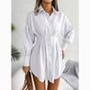 Vestido corto asimétrico liso con manga acampanada informal para mujer, vestido ajustado con cintura para mujer, vestidos de una sola botonadura, ropa femenina 24117