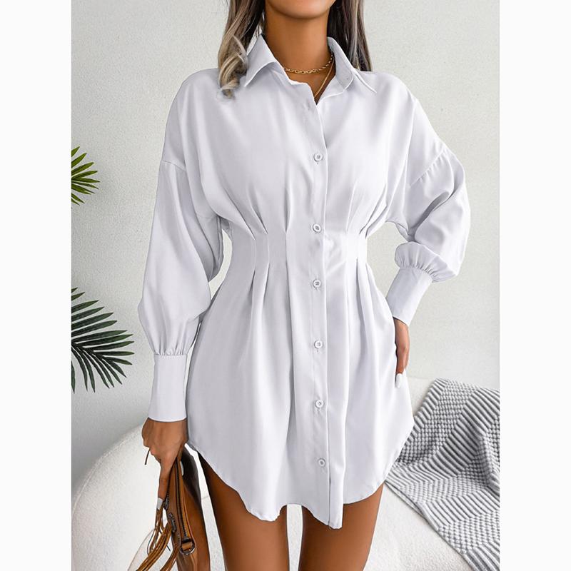 Vestido corto asimétrico liso con manga acampanada informal para mujer, vestido ajustado con cintura para mujer, vestidos de una sola botonadura, ropa femenina 24117