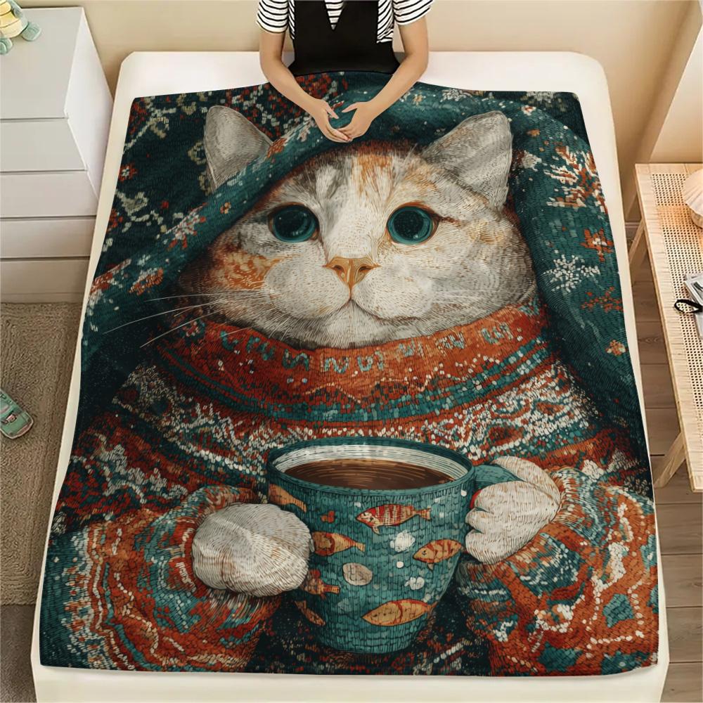 Cats Print Flannel Blanket, High Quality Comfortable for All Seasons, Home Decor, Warmth and Comfort