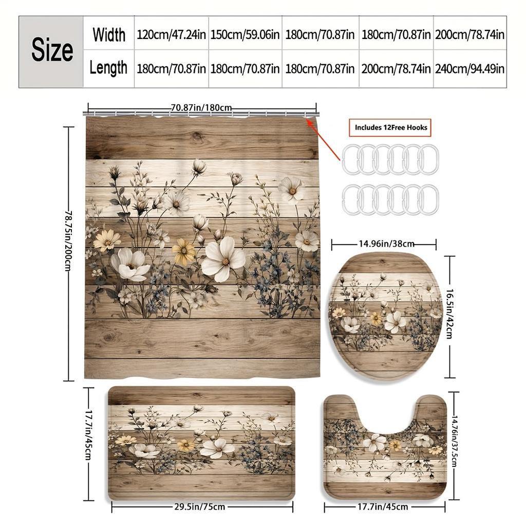 4Pcs Wooden Board Flowers Shower Curtain Set with Non-Slip Bath Mat, Toilet Lid Cover, Contour Rug & 12 Hooks, Bathroom Decor