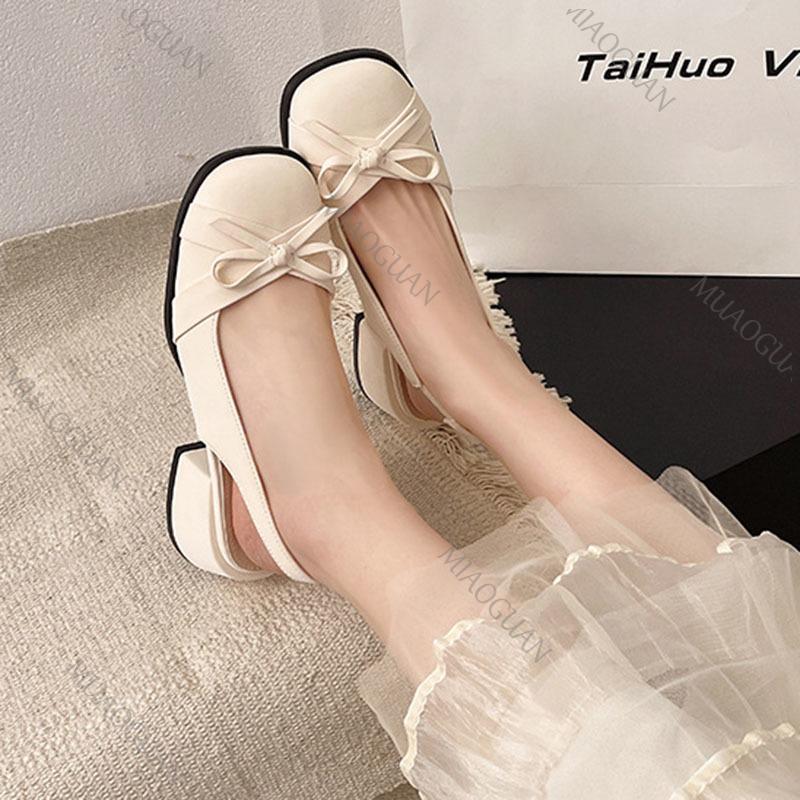 Fashion Baotou Sandals Women's Summer Mid Heel 2025 Spring Summer New Bow Back Strap Sandales Femme Sweet Square Head Women Single Shoes