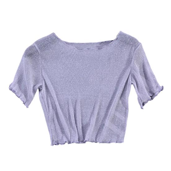 

Женский укороченный топ с прозрачной отделкой и коротким рукавом с круглым вырезом, прозрачная сетчатая футболка с блестками, уличная одежда серый