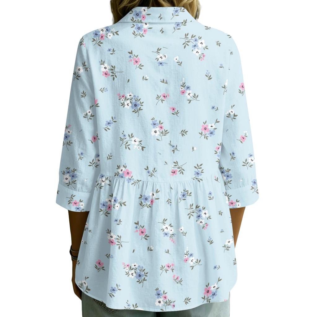 Damen Knopfleiste Hemd Vintage Blumenmuster Dreiviertelärm Lockerer Schnitt Bluse mit Kragen Lässig Leichtes Oberteil