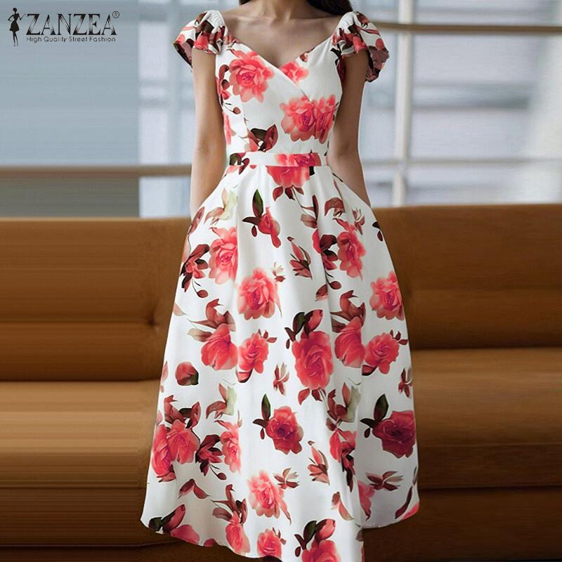 ZANZEA Vestido Casual de Mujer con Cuello en V, Manga Corta y Estampado Floral