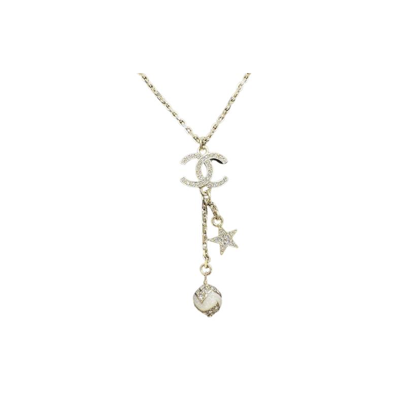 CHANEL Double C 23k Double C star white beads tassel metal rhinestone necklace men and women same style couple gold