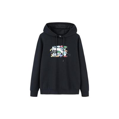 Anta Cartoon Print Drawstring Hoodie With Long Sleeves Unisex Tops Black 952238720-5