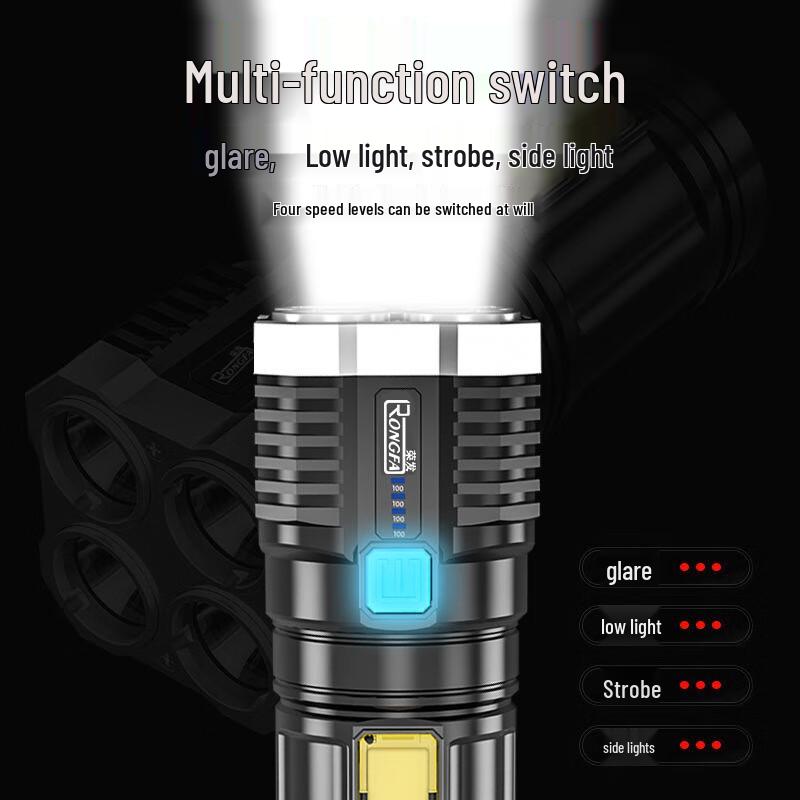 COCIVIVRE H44 Four-Head Rechargeable Flashlight with COB Side Light