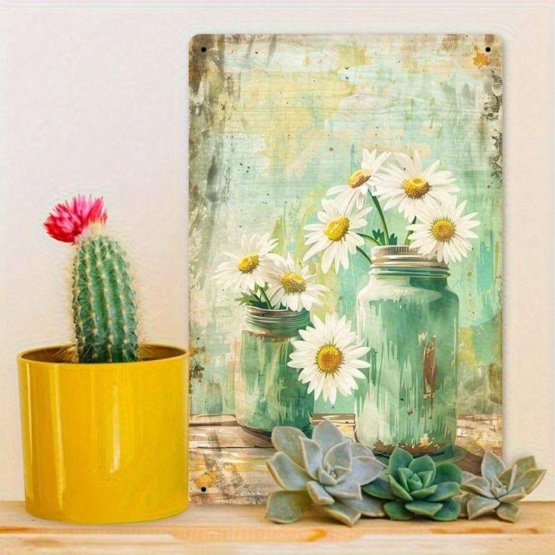 Tin Sign Daisy Flower in Glass Jar Wall Art Home Decor Metal Painting