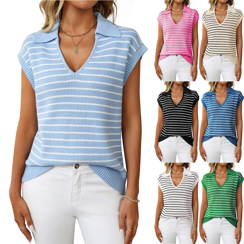 Women's V-neck Knitted Top Casual Striped Sleeveless Lapel Sweater