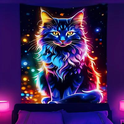 VIKAMA Illusion Neon Cat Tapestry Starry Sky Light Spots Background Living Room Bedroom Art Waterproof Dust Ins Style Decoration