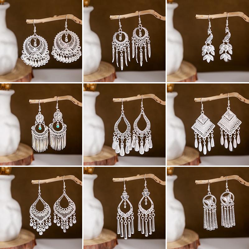 Miao Silver Tassel Dangle Earrings: Ethnic-Style Studs for Women