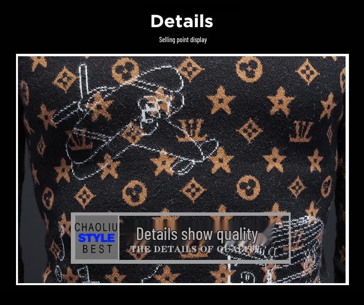 Męski zimowy europejski sweter z żakardowej wełny 2024 - Modny dzianinowy z okrągłym dekoltem, codzienna odzież