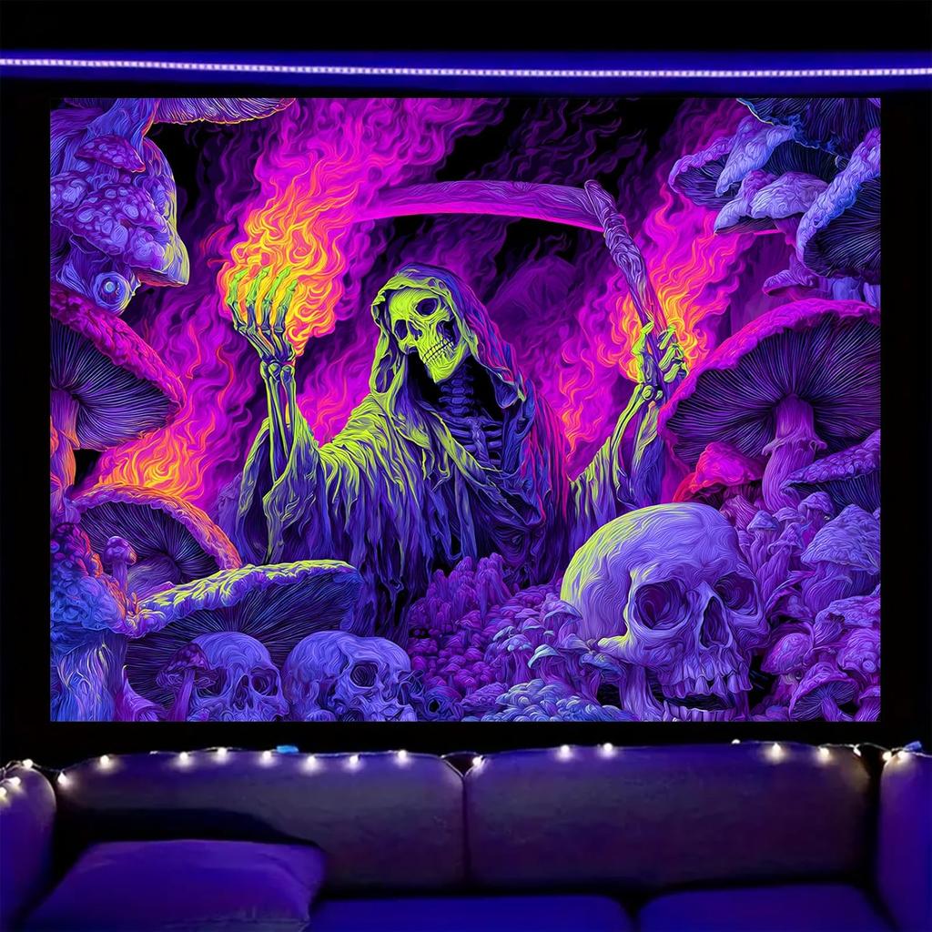 Nuxovilar UV Reactive Tapestry Flaming Scarecrow Pumpkin Scene BlackLight Tapestries Cool UV Black Light Halloween Horror Tapest