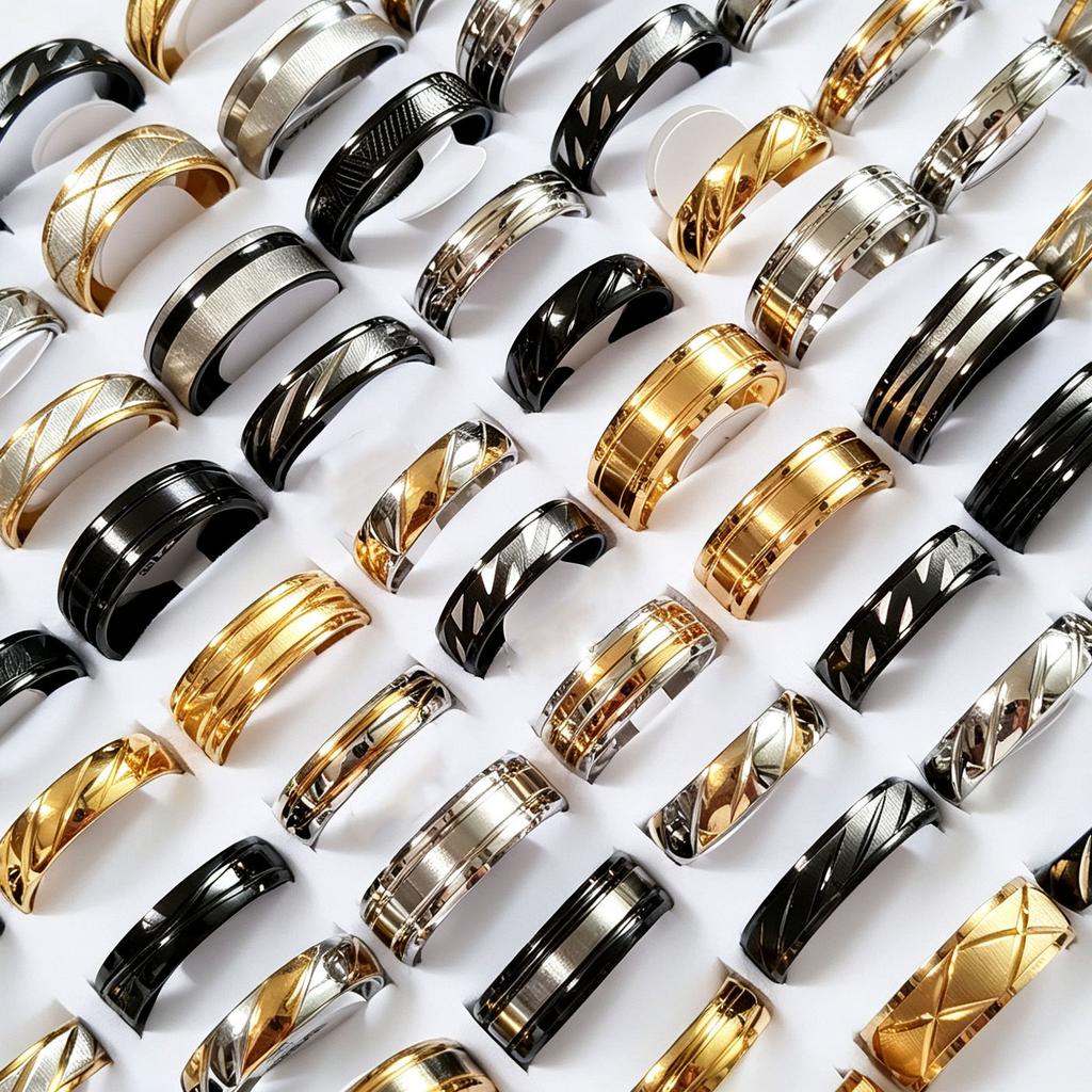 10Pcs Stainless steel engraved textured ring - simple men's or women's plain ring jewelry accessory