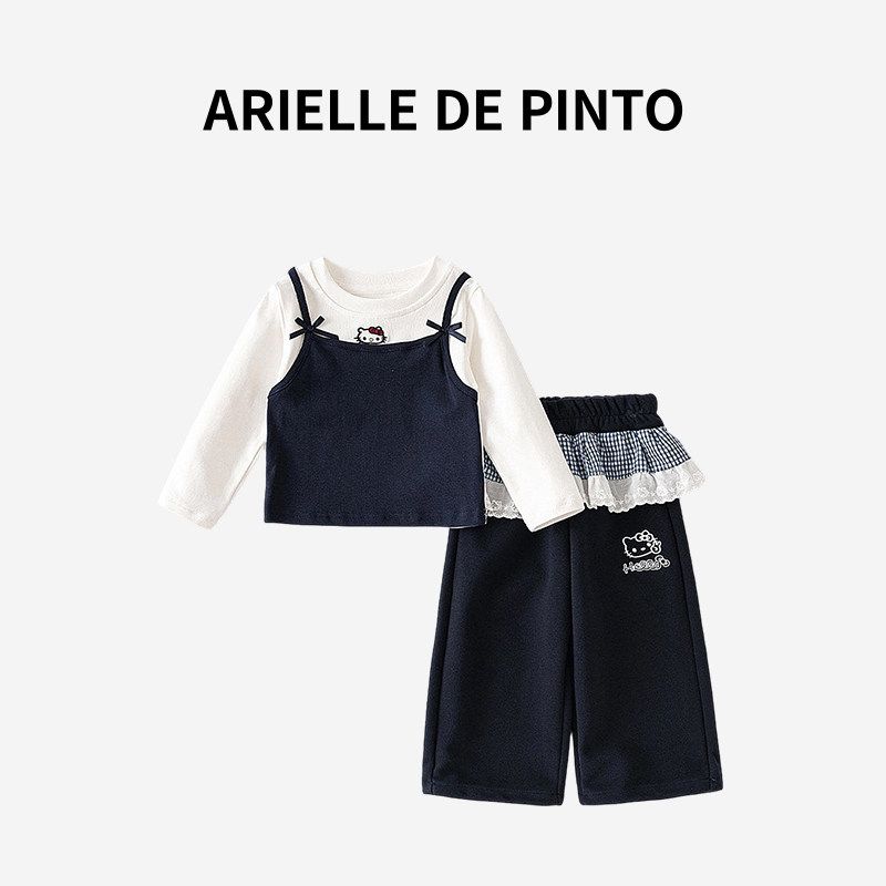 French Arielle De Pinto Girls  New Spring Outfit, Faux Two-Piece Set, Navy Blue Cartoon Vest T-Shirt Base Two-piece suit 90