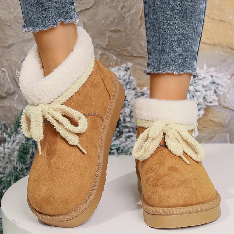 Luxury Lace Up Pearl Decoration Snow Boots Women 2025 Soft Faux Fur Ankle Boots Woman Solid Color Platform Warm Botas Mujer