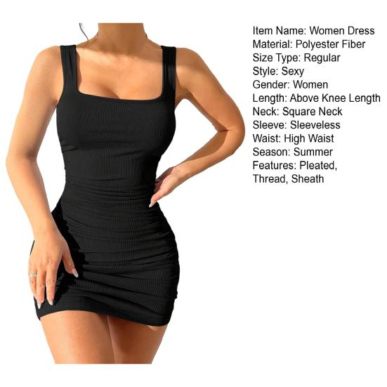 Women Mini Dress Pleated Sleeveless Sheath Dress Slim Fit Square Neck Thread Pure Color Elastic Vest Dress for Club Beach Parties