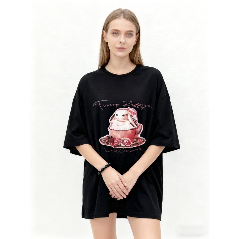 Oversized T Shirt Black Tea Cup Bunny Ballet Print Women Casual Loose Fit Summer Top Fashion Streetwear Graphic Tee