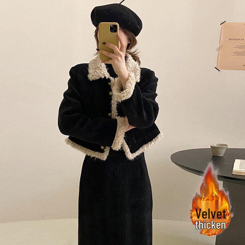 

2026 French Chic Fleece-Lined Two-Piece Set: High-End Winter Style with Short Jacket & Skirt S (Below 100 lbs)