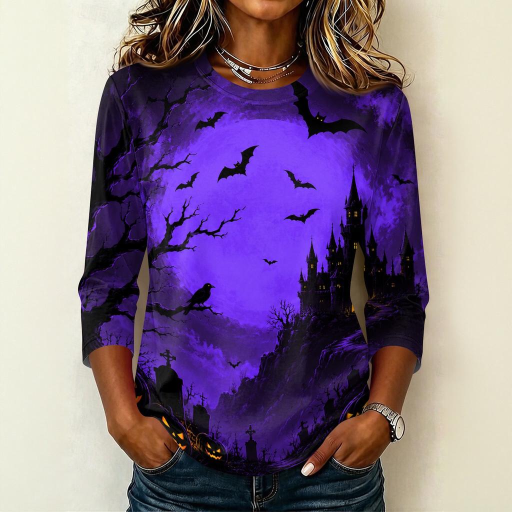 Women's Casual Crew Neck Three Quarter Sleeve Halloween Print T Shirt Top Lightweight Comfortable Fit Suitable for Daily Wear